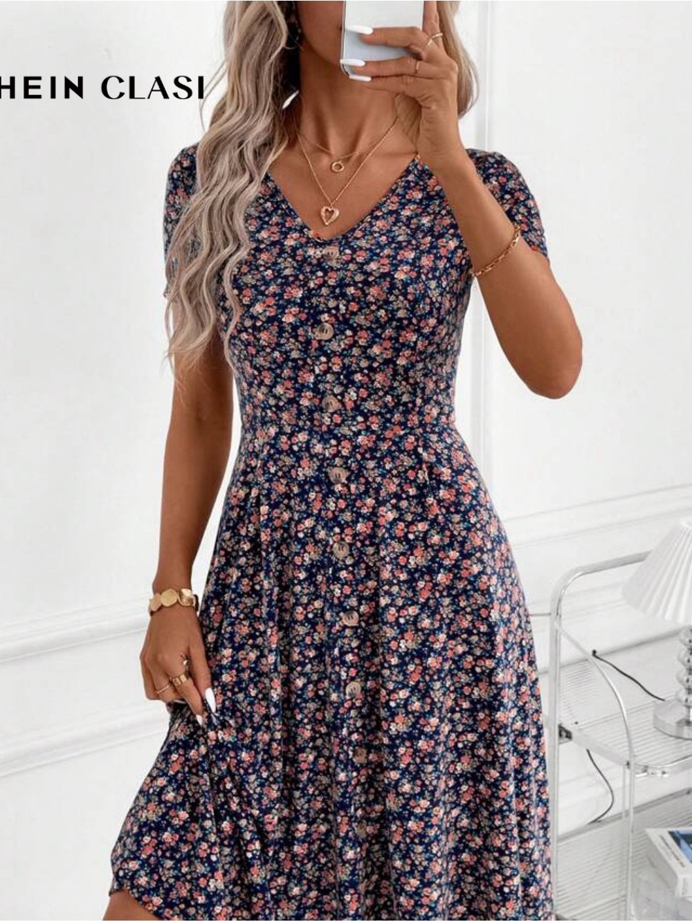 SHEIN Navy Floral V-Neck Midi Dress with Pink Accent